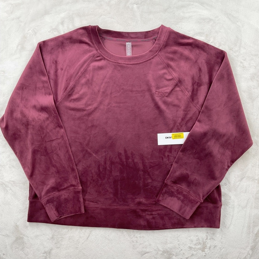 DKNY Sport Womens Velour Crewneck Sweatshirt Burgundy Raglan Sleeve Large NEW